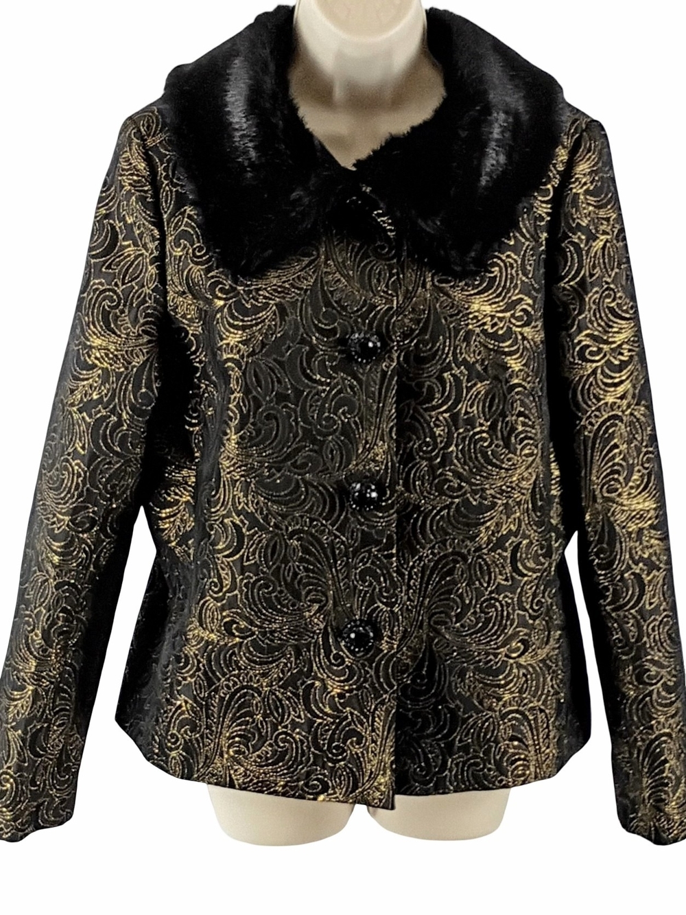 Parisian Signature Black and Gold Brocade Pea Coat with Faux Fur Collar